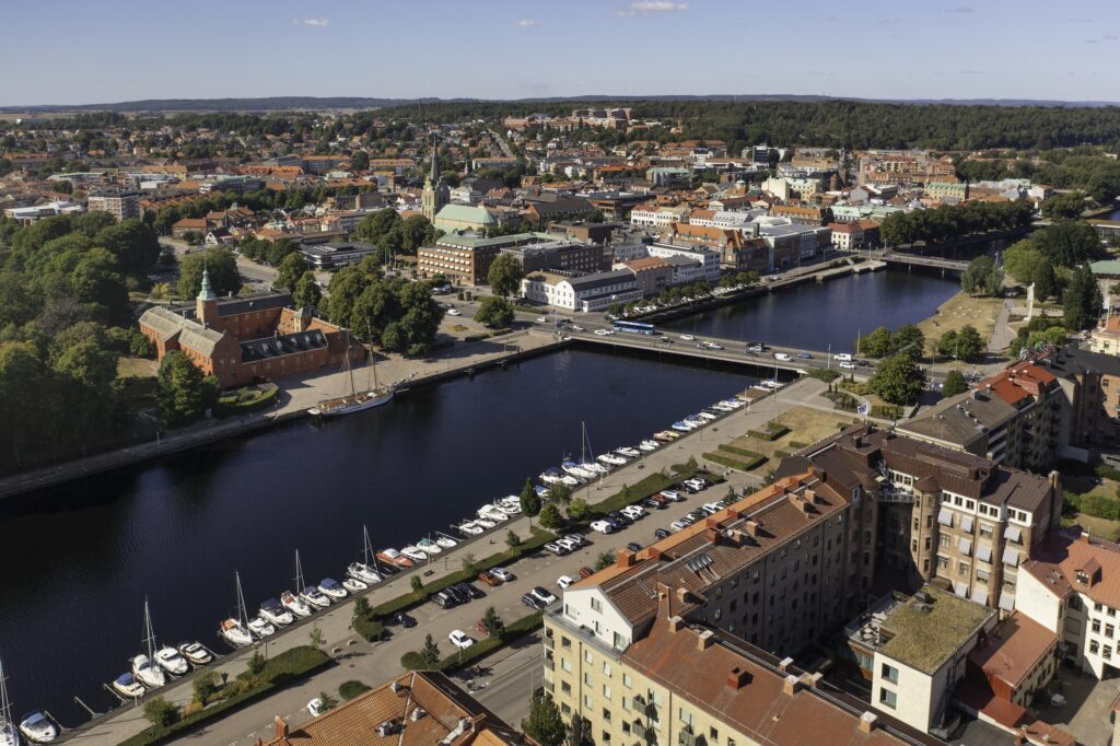 Aerial view of downtown Halmstad Sweden where Gordion has an office